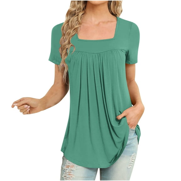 gakvbuo Summer Tunic Tops For Women Tops Short Sleeve Loose Fit Pleated Square Neck Tops Curved Hem Flowy Tshirts Blouses Dressy Casual Clothes Spring Fashion