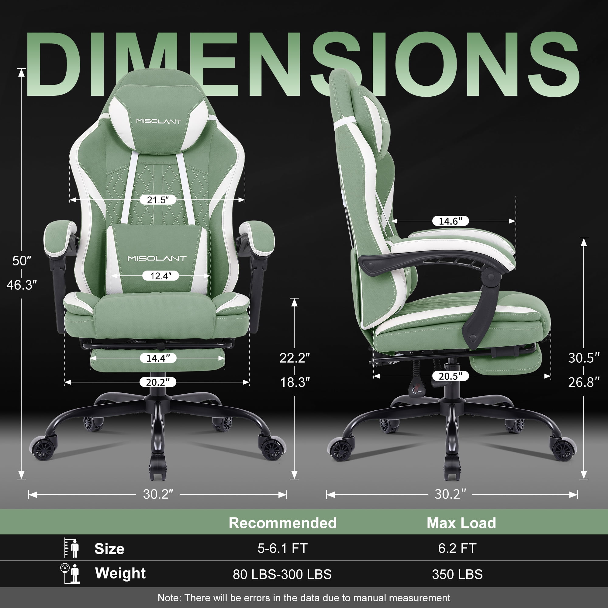 Misolant Gaming Chair, Fabric Gamer Chair with footrest for Adults, High Back Ergonomic Computer Game Chair with Adjustable Headrest and Massage Lumbar Support, 90-155° Recline Free，Green