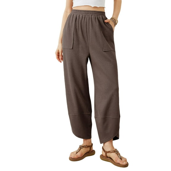 Womens Baggy Wide Leg Pants Casual Elastic Waisted Palazzo Harem Pants with Pockets Coffee XXL