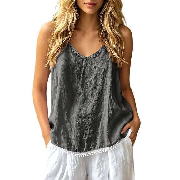 HappyYEE Women’s Camisole Tops with Lace Trim, Adjustable Spaghetti Strap Sleeveless Tops, Regular Fits Fashion Versatile Cami Tops Dark Gray L