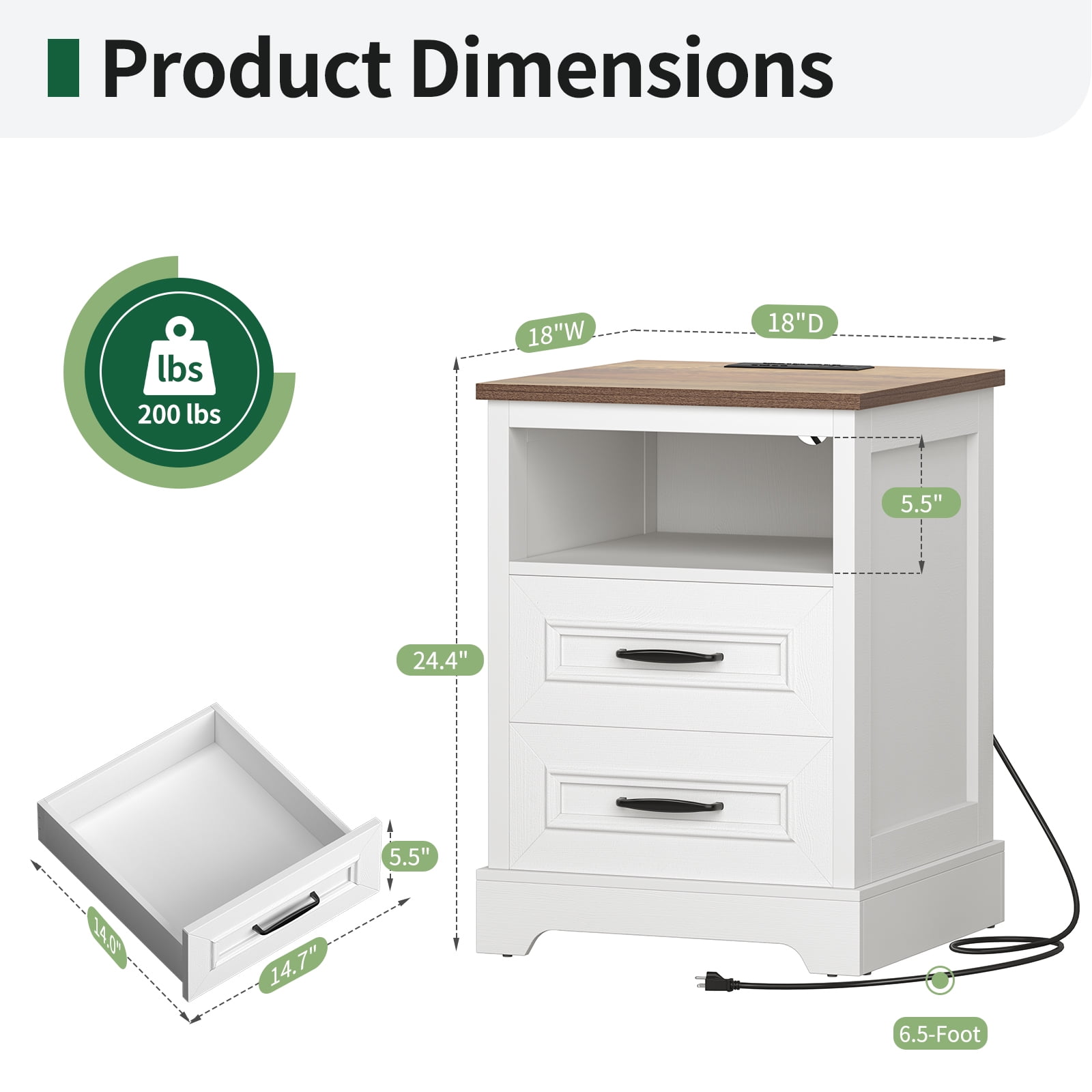 Farmhouse Nightstand with Charging Station and 2 drawers, Rustic Wood Bed Side Tables with Open Storage Shelf, Bedroom Living Room,White