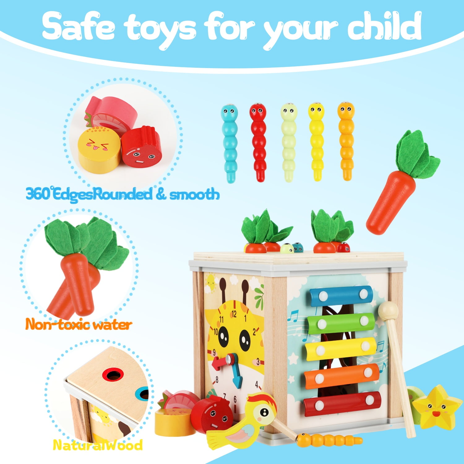 UQN Wooden Activity Cube, 10-in-1 Montessori Toys for 1 Year Old, Learning Educational Baby Busy Toys Gift for 1 2 3 Year Old Boys & Girls
