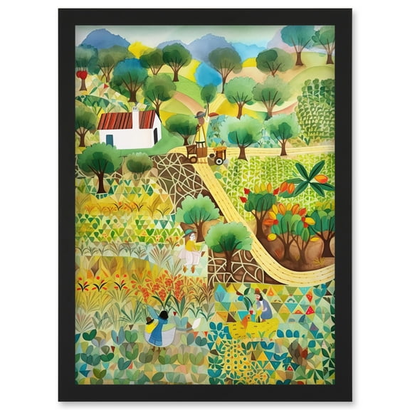 Farmhouse Field Folk Art Watercolour Painting Artwork Framed Wall Art Print A4