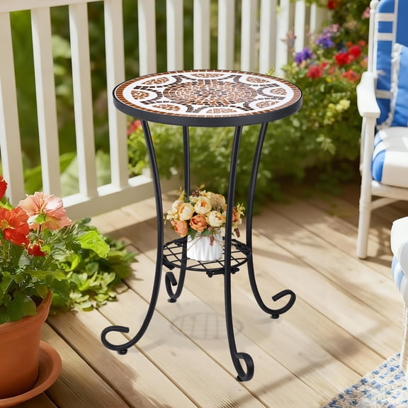 Mosaic Outdoor Side Table, 14" Round End Table, Accent Table, Plant Stand Ideal for Pool Side, Porch, Patio, Deck or Sofa Side, Glass Top Black Iron, Golden Backyard MOMTOP
