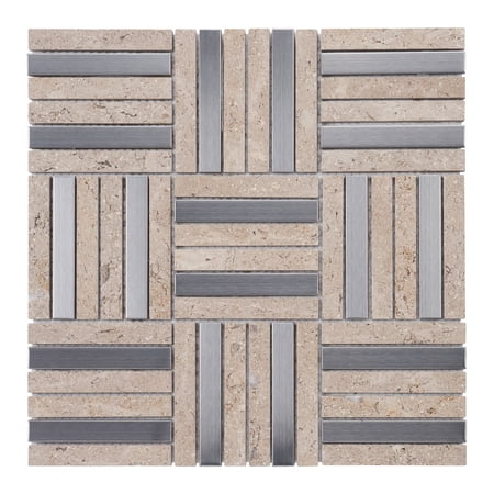 Modket TDH363SS Beige Sand Marble Stone Stainless Steel Parquet Mosaic Tile Kitchen Backsplash