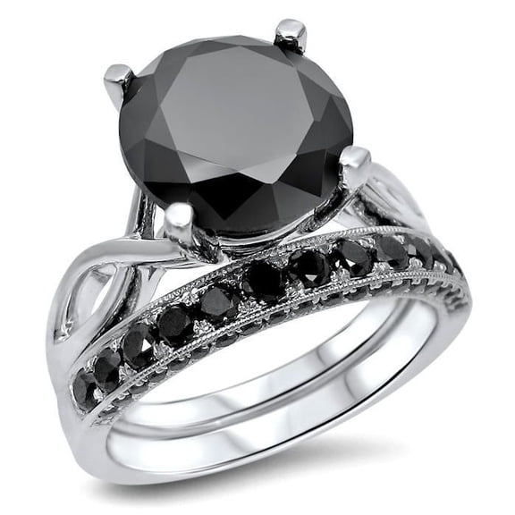 Dreamofdazzles Jewels 925 Sterling Silver 3.00 Ct Round Cut Black And White Diamond Wedding Engagement Bridal Ring Set 14K White Gold Plated For Women's -6.5