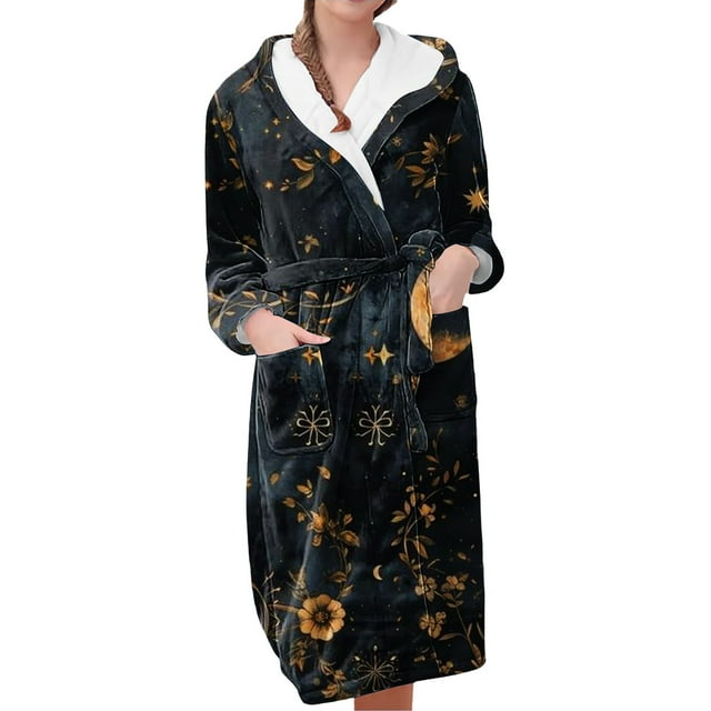Women Robes Women's Fleece Plush Robe Long Warm Plush Bathrobe Loungewear Jacket Printed Comfort Robe Woman Flannel Pajamas