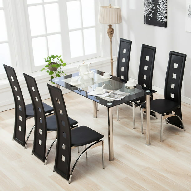 Leather Chairs Kitchen Furniture, Glass Dining Table Set And 6 Black Chairs