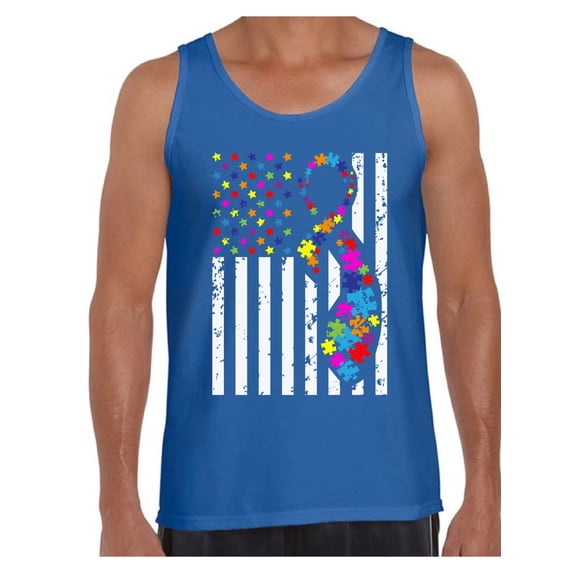 Awkward Styles USA Flag Autism Tank Tops for Men Autism Awareness Ribbon Tank Top American Flag Colorful Men's Tank Top Support Autism Awareness Tanks for Men Autistic Spectrum Awareness Tank Tops