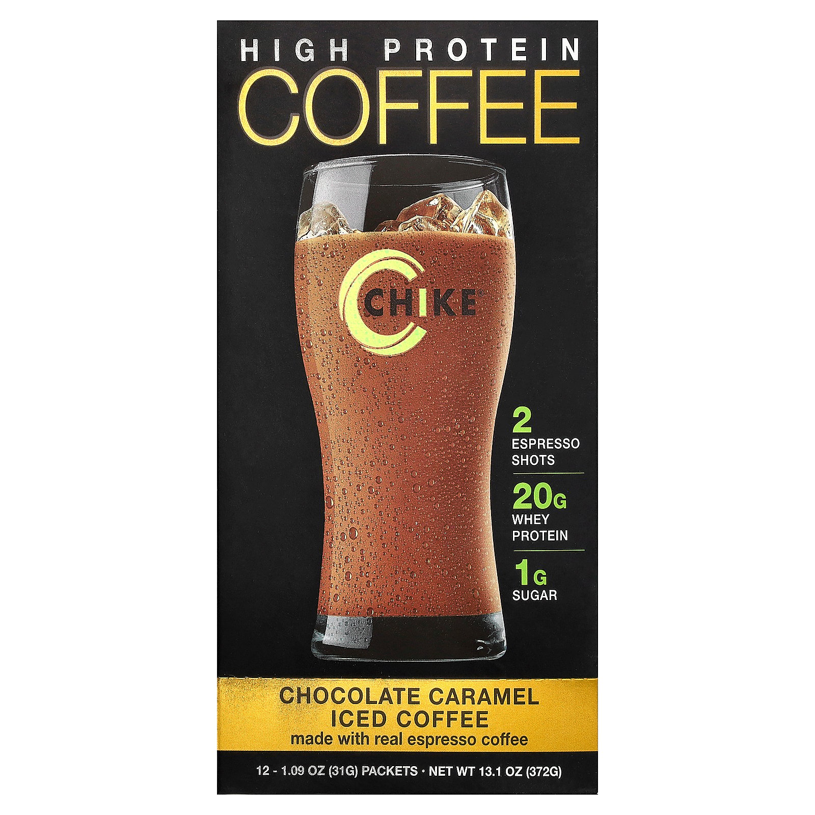 Chike Nutrition High Protein Iced Coffee, Chocolate Caramel, 12 Packets, 1.09 oz (31 g) Each