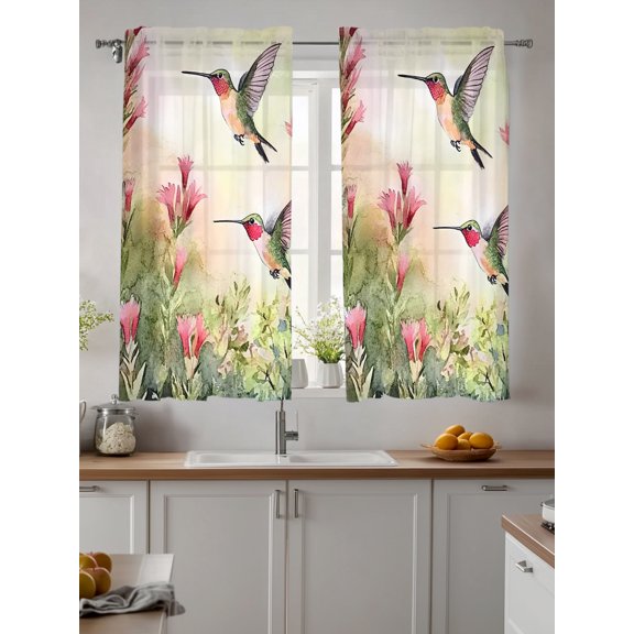 Hummingbird Red Floral Sheer Kitchen Tier Curtains 45 Inch length,Rod Pocket Half Curtains & Drapes,Rustic Botanical Green Ombre Light Filtering Cafe Bathroom Window Treatments 2 Pcs 27.5"W x 45"L
