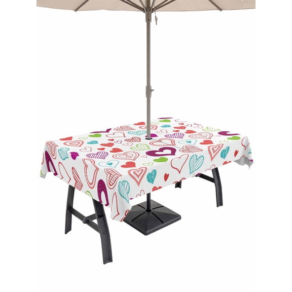 Outdoor Tablecloth with Umbrella Hole and Zipper, Valentine's Day Rectangle Table Cloth 54x80 Inch Waterproof Tablecloth, Colorful Heart Love Modern Country Picnic Table Cover for Patio Camping
