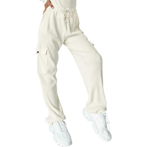 Pantalones de pana Prolriy para mujer, pantalones holgados de cintura elástica, de pana, de pierna ancha, rectos, informales, para mujer, color blanco, talla S