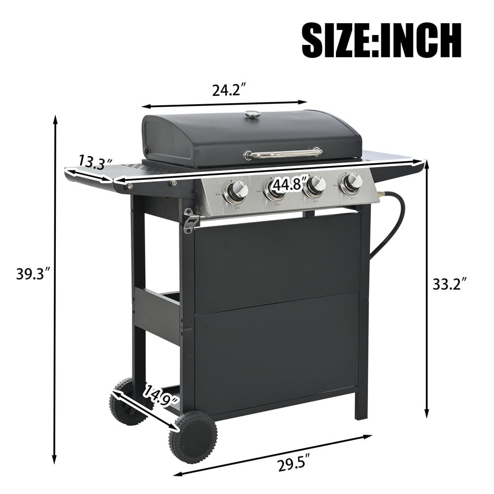 Aminy 4 Burner Propane Gas Grill for Camping, 34,200 BTU Smokeless BBQ Portable Grill with Storage & Side Table, Stainless Steel Gas Grill for Kitchen and Patio Backyard