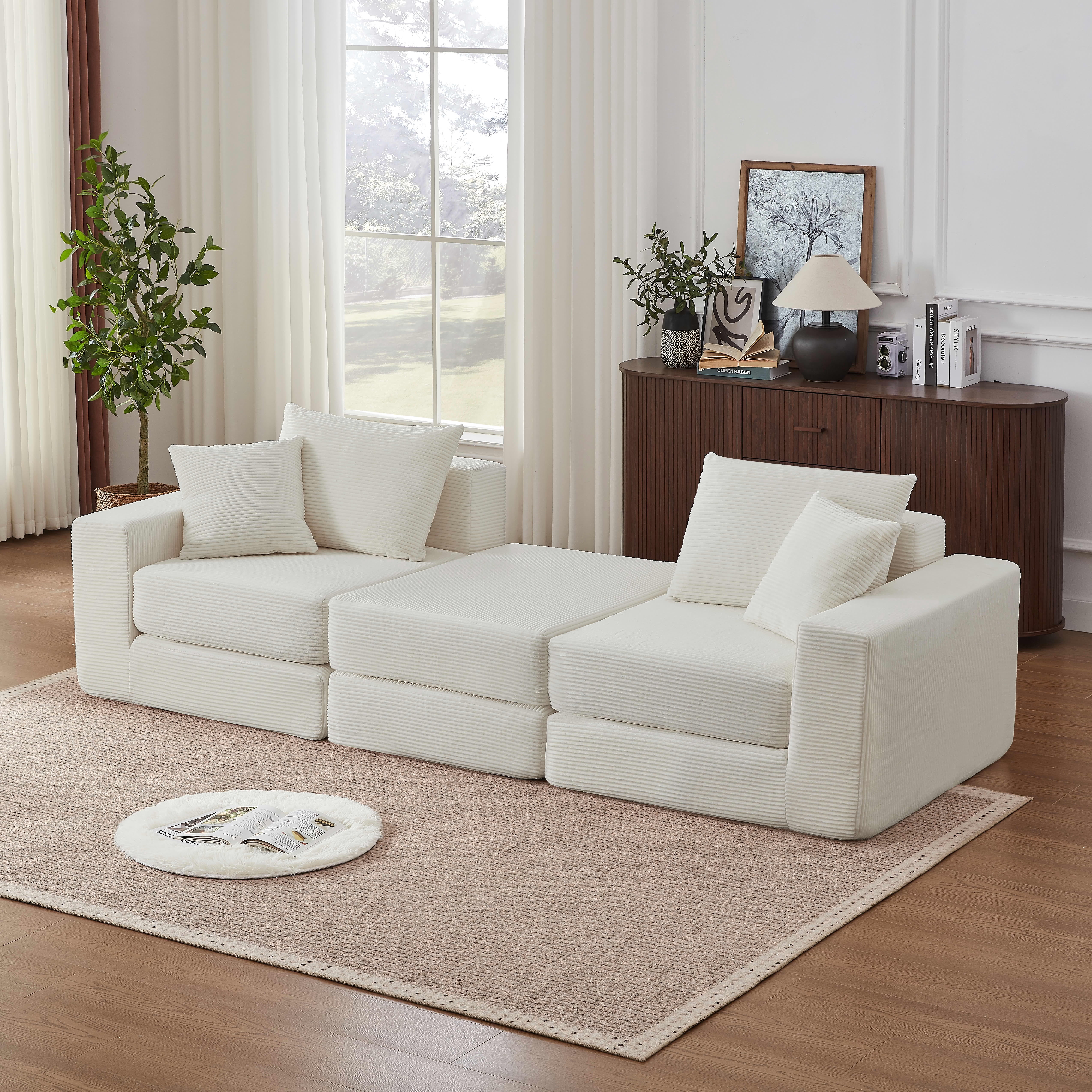 MAYEERTY Minimalist Corduroy Modular Sectional Cloud Sofa - Boneless Sleeper Couch for Customizable Living Spaces, White