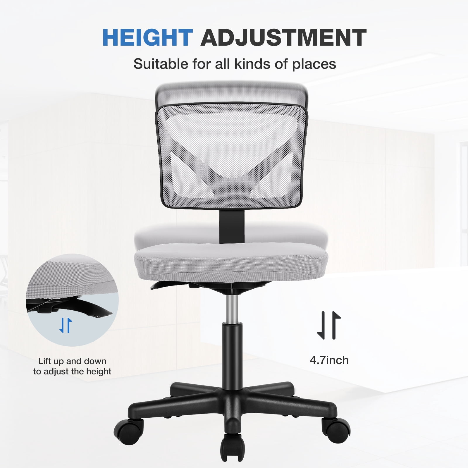 JOINSUN Armless Home Office Desk Chair for Small Space, Adjustable Height, Swivel Rolling Mesh Computer Chair, Gray