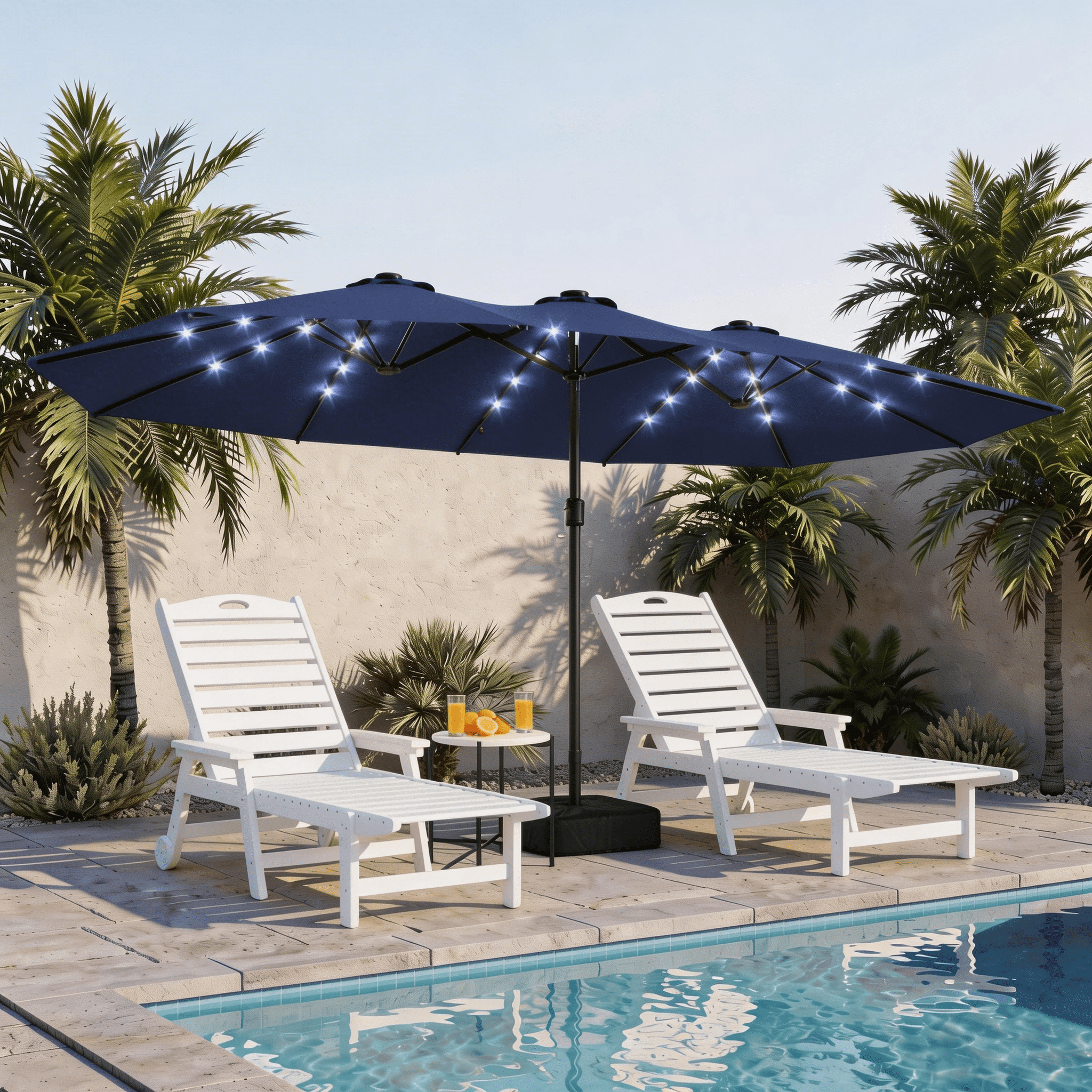 LAUSAINT HOME 15ft Double Sided Patio Umbrella with Base & Lights for Garden, Poolside, Navy Blue