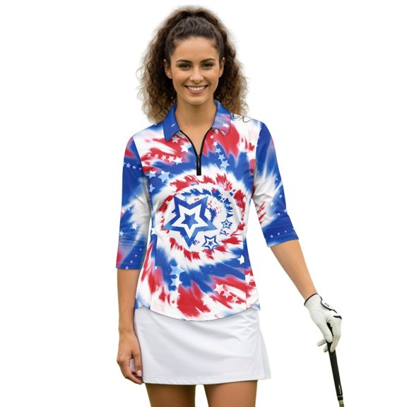 HUIACONG Tie Dye Star Women Golf Shirt 3/4 Sleeve, Polyester Spandex Golf Top for Tennis, Hiking, Golf and Outdoor Casual Wear