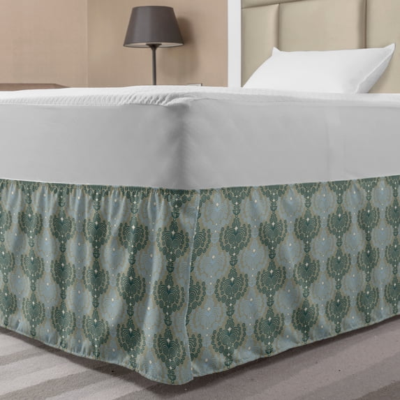 Floral Bed Skirt, Abstract Damask Inspired Desgin Floral and Ornamental Background, Elastic Bedskirt Dust Ruffle Wrap Around for Bedding Decor, 4 Sizes, Blue and Taupe, by Ambesonne