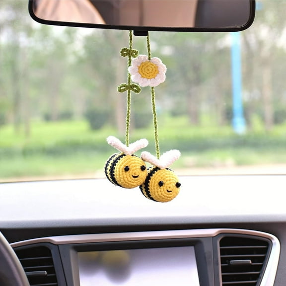 Bunny Crochet Bee Car Rear View Mirror Holder, Cute Bumblebee Car Hanging Ornament, A Gift for Bee Lovers Car Hanging, Crochet Lovely Bee Bag Ornament, Automotive Interior Decorations