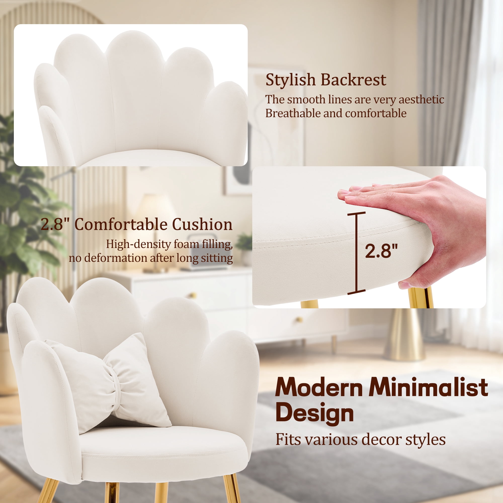 Korser Vanity Makeup Chair Comfy Accent Chair Small Office Chair with Flower Back and Lumbar Pillow for Living Dining Room,Bedroom,Velvet,Beige