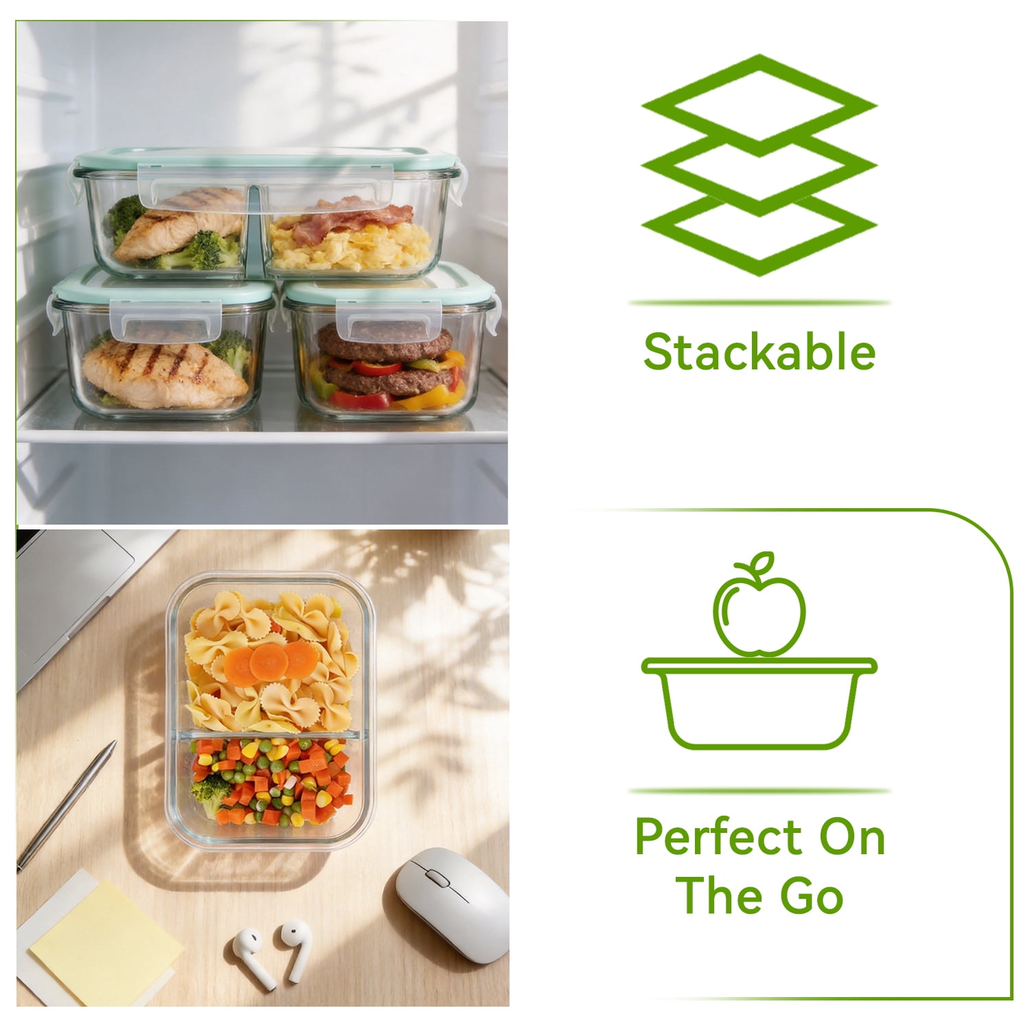 5 Pack 36oz Glass Meal Prep Containers with Lids, 1&2&3 Compartment Airtight Glass Food Storage, Microwave & Dishwasher Safe, Blue