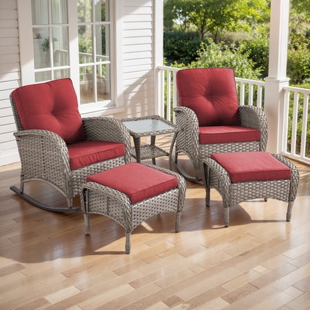 Opohoro 5-Piece Outdoor Conversation Set with Glider Chairs Ottomans & Side Tables Gray/Red