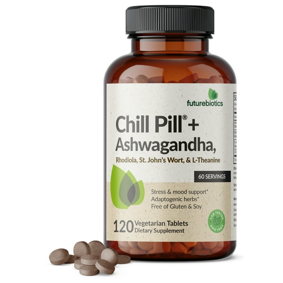 Futurebiotics Chill Pill   Ashwagandha, Rhodiola, St. John’s Wort, & L-Theanine 2000 MG per Serving Stress & Mood Support - Non-GMO, 120 Vegetarian Tablets