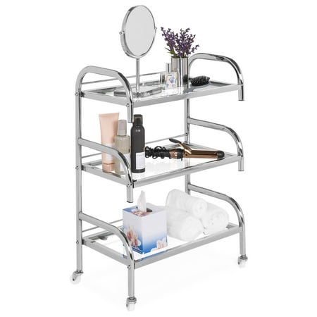 Best Choice Products 3-Tier Multifunctional Portable Rolling Steel Bathroom Storage Stand Salon Spa Utility Trolley Cart with Glass Shelves, 4 Detachable Wheels,