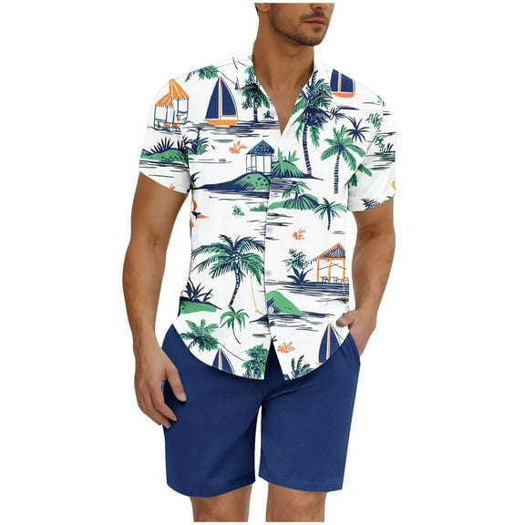 Stamzod Hawaiian Outfits for Men 2 Piece Fashion Plam Printed Summer Short Sleeve Button Down Shirts and Shorts Sets Beach Vacation Clothes for Men Blue B S