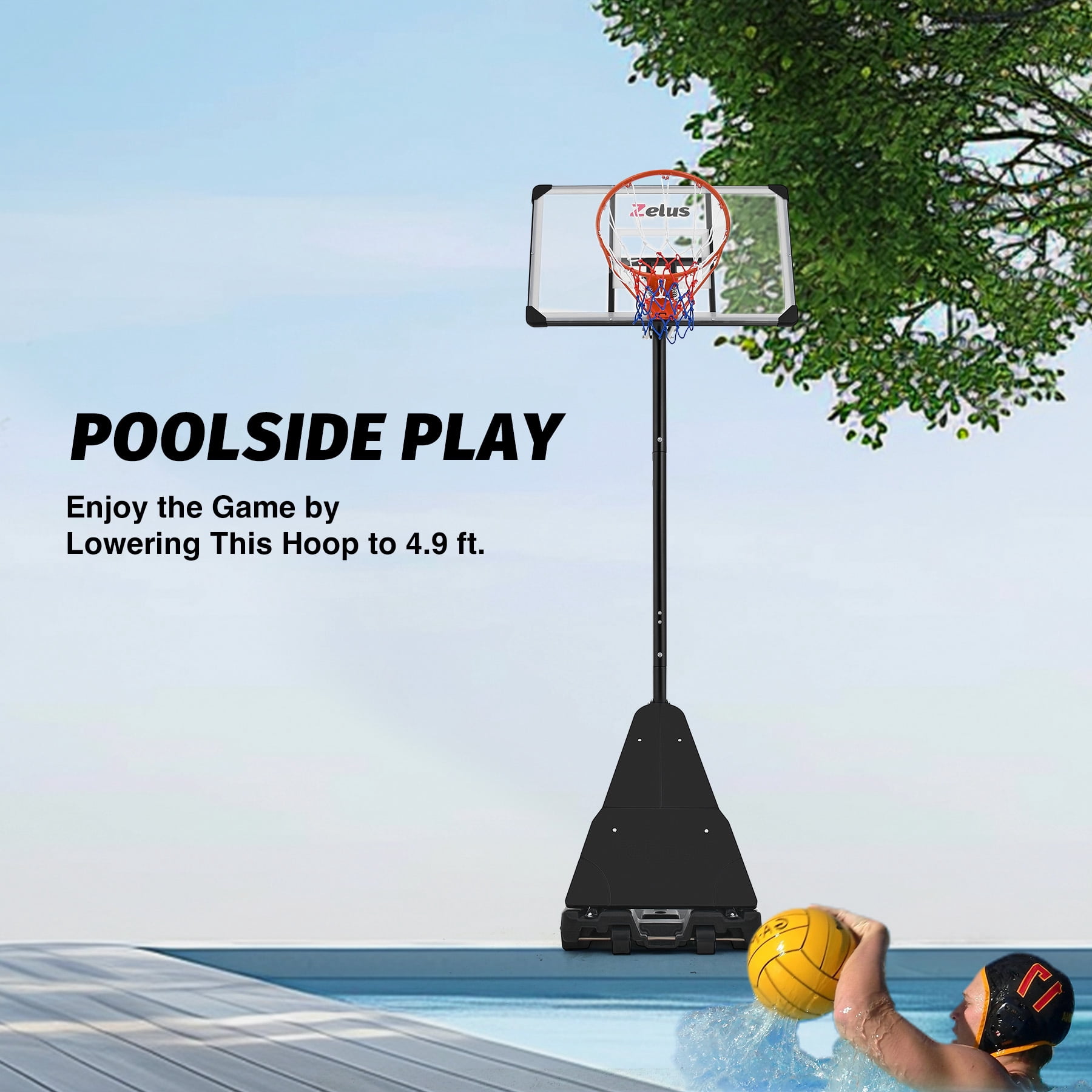 Zelus 4.9ft - 10ft Adjustable Height 43.3"x27.6" Longevity Outdoor Portable Basketball System (Kids)