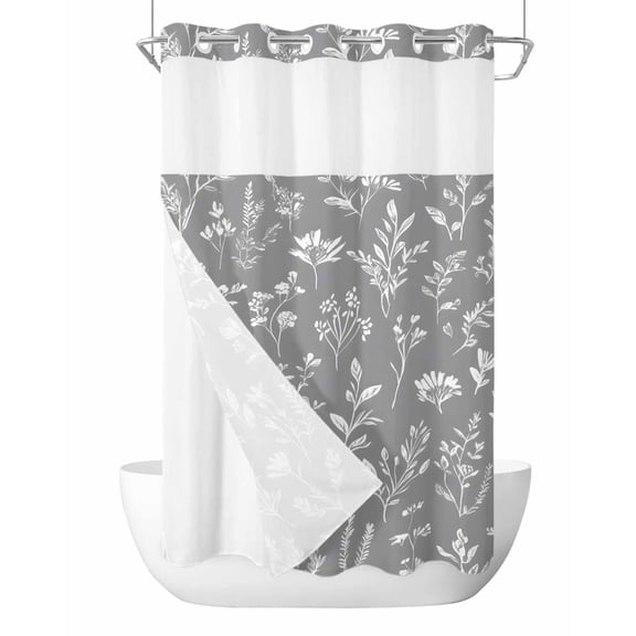 Anzona No Hook Shower Curtains, White Grey Spring Floral Small Shower Curtains with Snap in Liner, Summer Flowers Botanical Waterproof Washable Fabric Bathroom Shower Curtain Sets, 36" x 72"