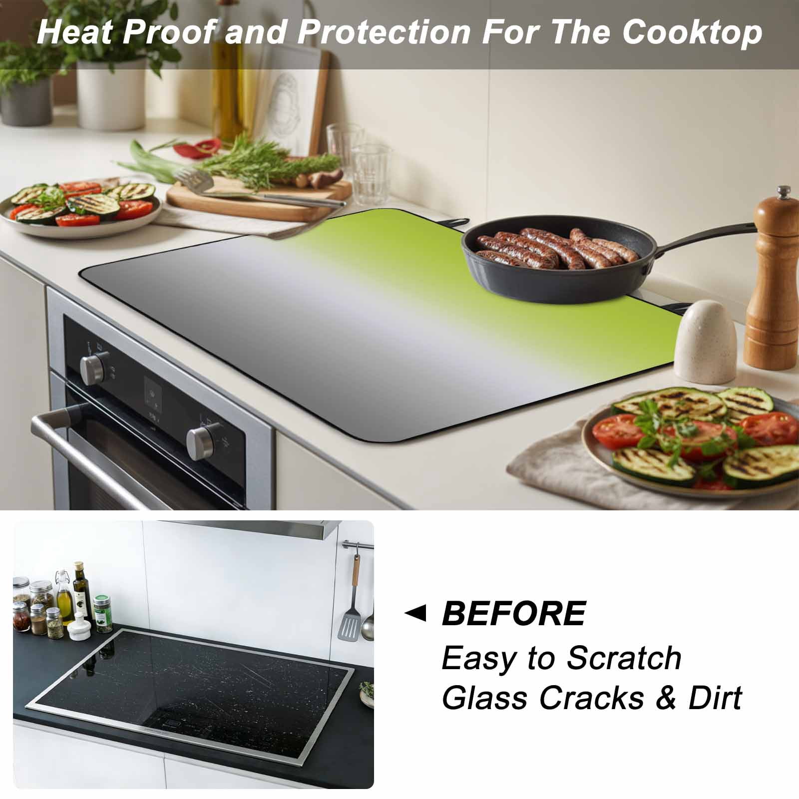 Green Gray Ombre Stove Top Cover for Electric Stove, Heat-proof & Non Slip Glass Top Stove Cover Protector, Modern Gradient Abstract Art Kitchen Flat Cooktop Rubber Mat 28.5x20.5 Inches