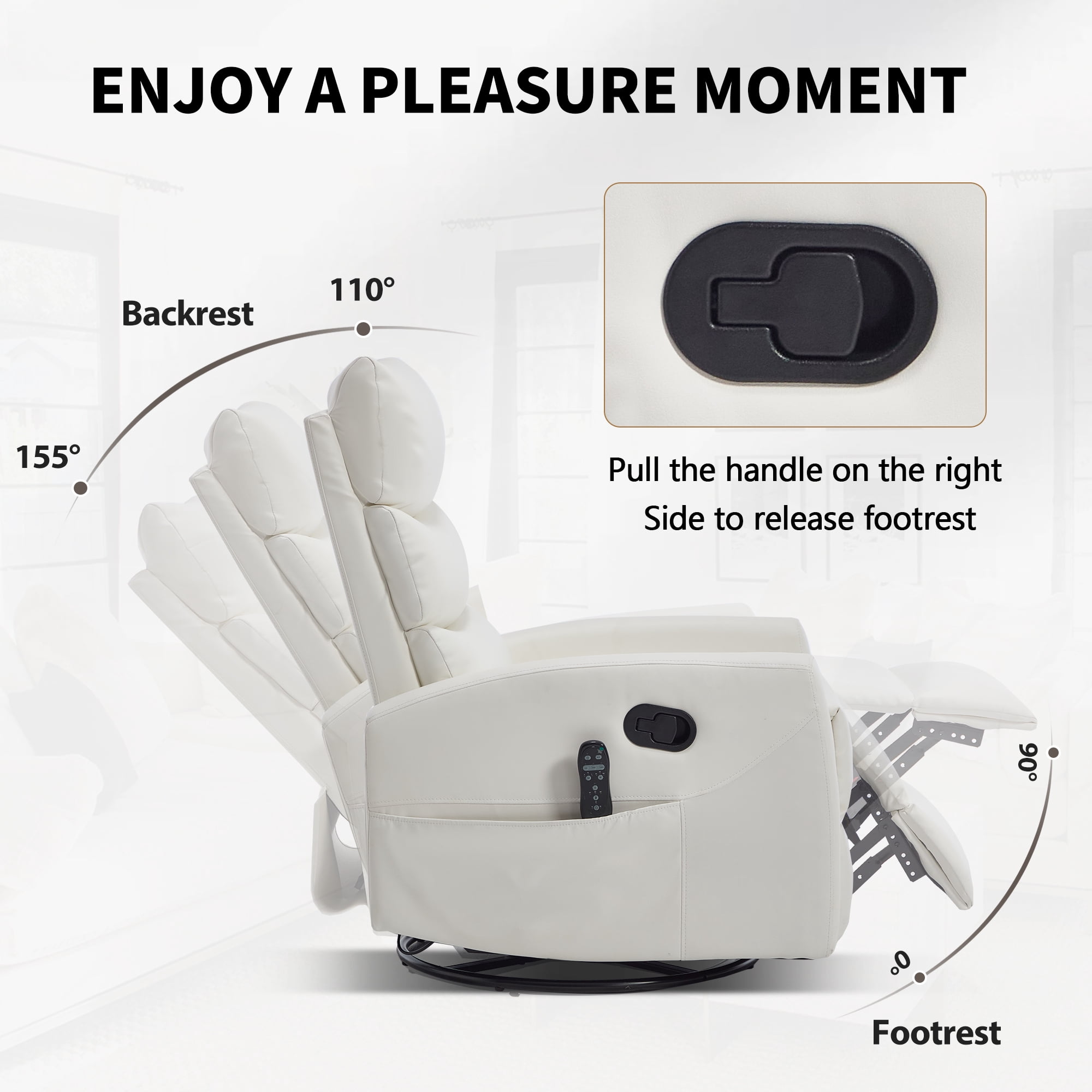 Leumius Swivel Recliner Chair,360° Glider Rocking Chair with Massage and Heating,PU Leather Small Manual Recliner for Nursery Home Theater,White PU