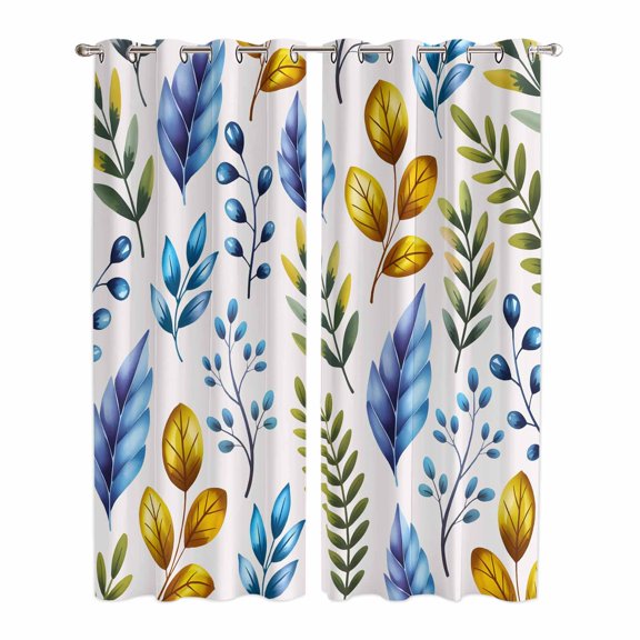 Watercolor Botanical Kitchen Curtains Window Panels, Blue Yellow Leaves Floral Plants Spring Insulated Window Treatment Curtain, Grommet Curtains for Bedroom/Living Room/Bathroom, 2 Piece 42"Wx84"L