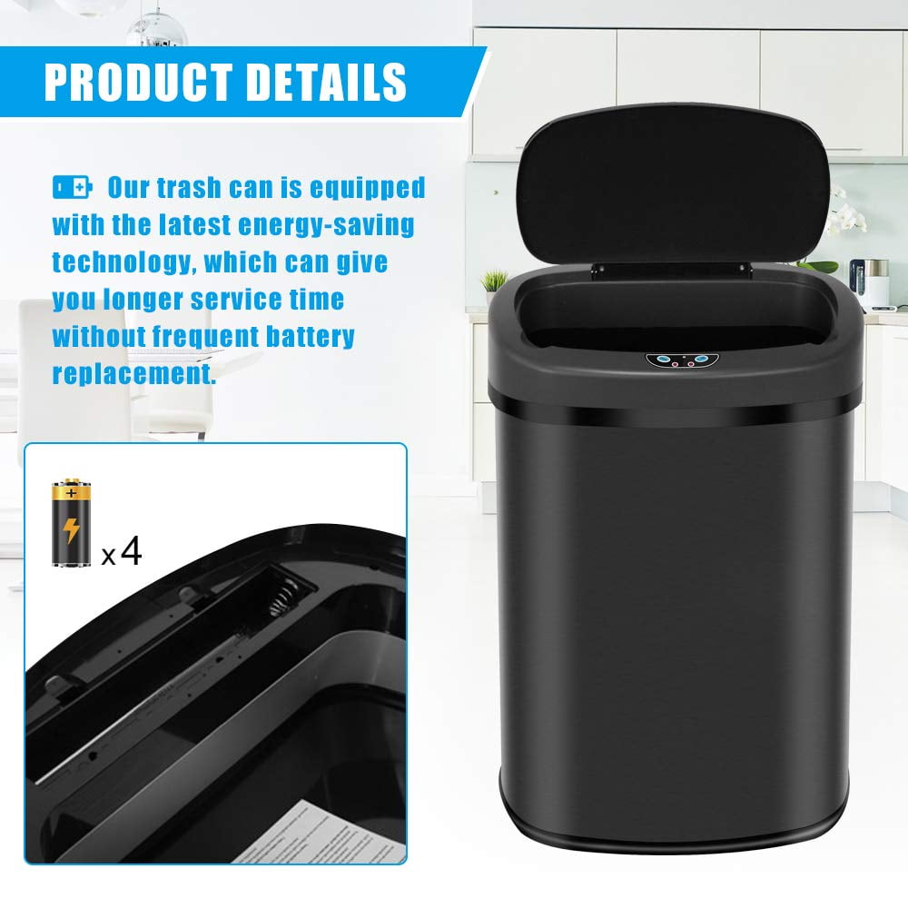 Dkelincs 13 Gallon Touch-Free Automatic Trash Can Stainless Steel Kitchen Garbage Can Waste Bin with Lid, Black