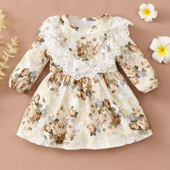 YEEDISON Children's Dress Autumn and Winter Girls' Dress Cotton Long Sleeve Flower Pattern Dress for 3M-3Y