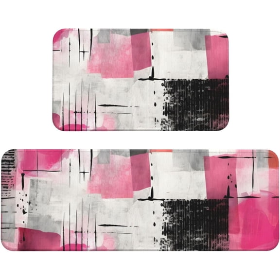 Pink Black Abstract Kitchen Mats for Floor, Minimalist Modern Art Kitchen Rug Runner Non-Slip Kitchen Mats and Rugs 2PCS Absorbent Standing Mats for Office Desk Sink