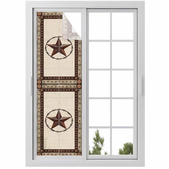 Country Texas Star Window Privacy Film, Brown Farmhouse Vintage Wooden Static Cling UV Sun Blocking Heat Control Window Tint Day and Night, Non-Adhesive One Way Windows Privacy Cover 17.7''x78.7''