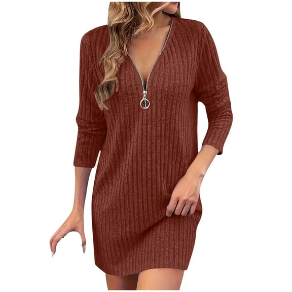 ZHYou Womens Long Sleeve Knit Sweater Dresses, V Neck, Zip Front, Ribbed Texture, Soft Comfortable, Stretchy, Casual Winter Mini Dress,Orange,2XL