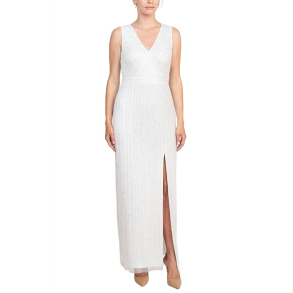 Adrianna Papell V-Neck Beaded & Sequined Sleeveless Banded Waist Slit Front Zipper Back Mesh Dress-IVORY / 4