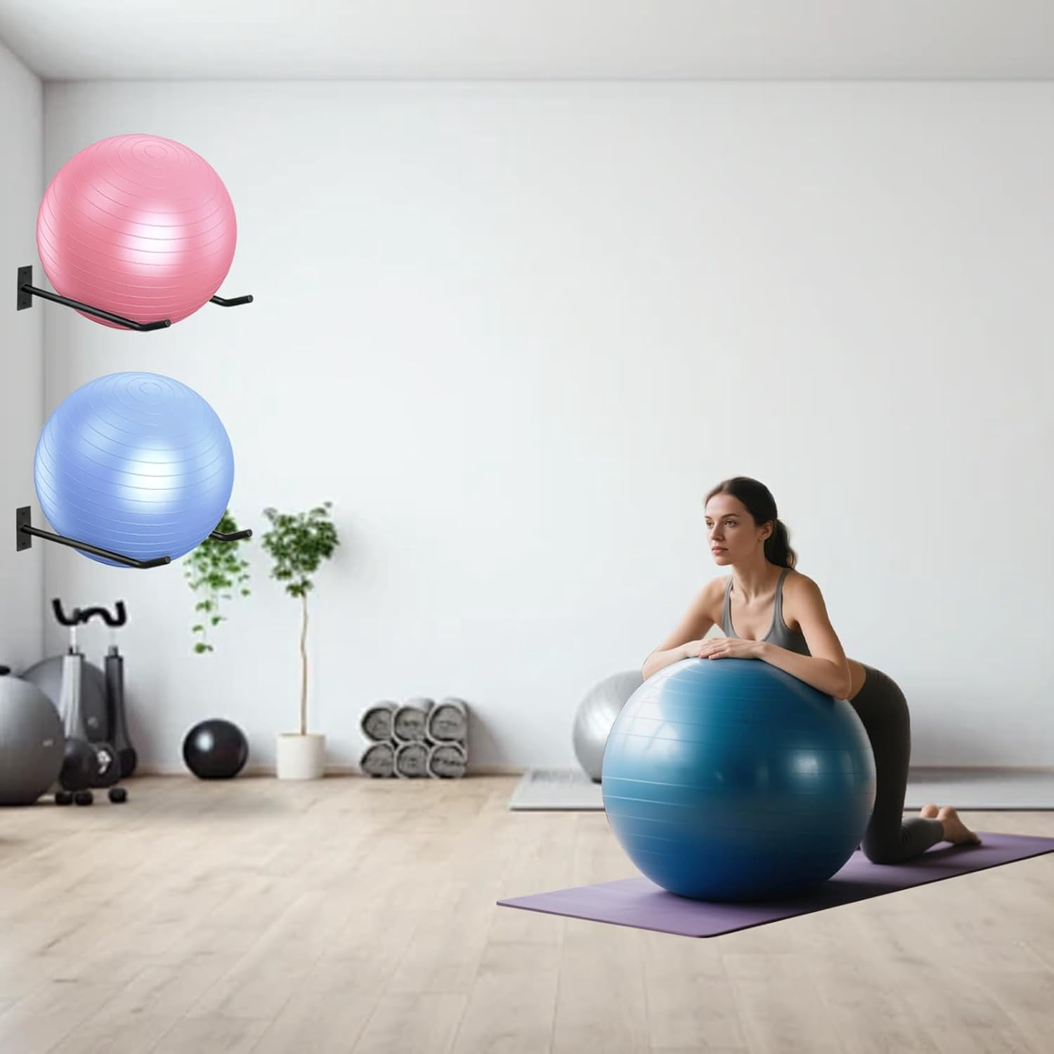 Wall Mount Exercise Ball Holder, Metal Yoga Ball Holder, Heavy Duty Medicine Ball Rack, Stability Ball Storage Rack for Gym, Garage, Home, 2 Pack