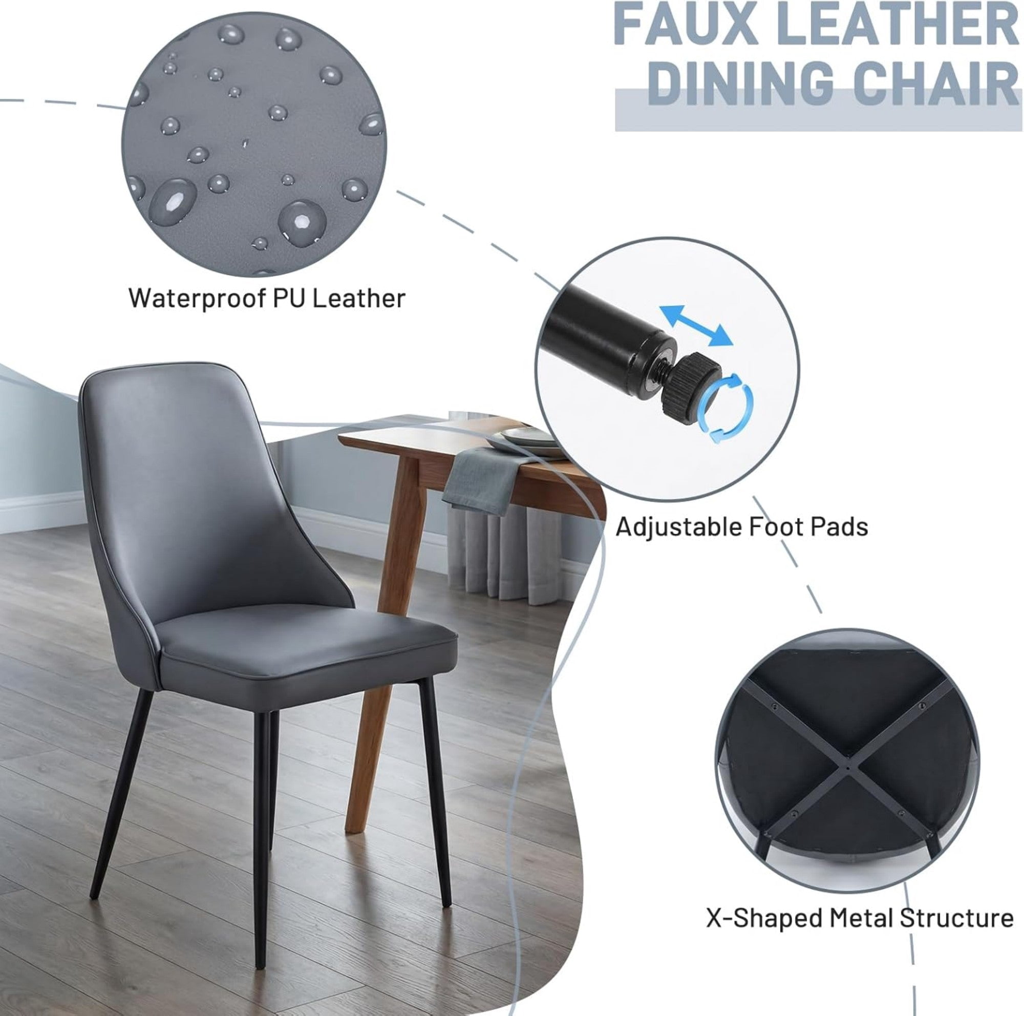 Sailvan Modern Dining Chairs Set of 4,Faux Leather Upholstered Kitchen Chairs with Ergonomic Curved Back and Metal Legs,Waterproof Side Chairs for Dining Room Grey