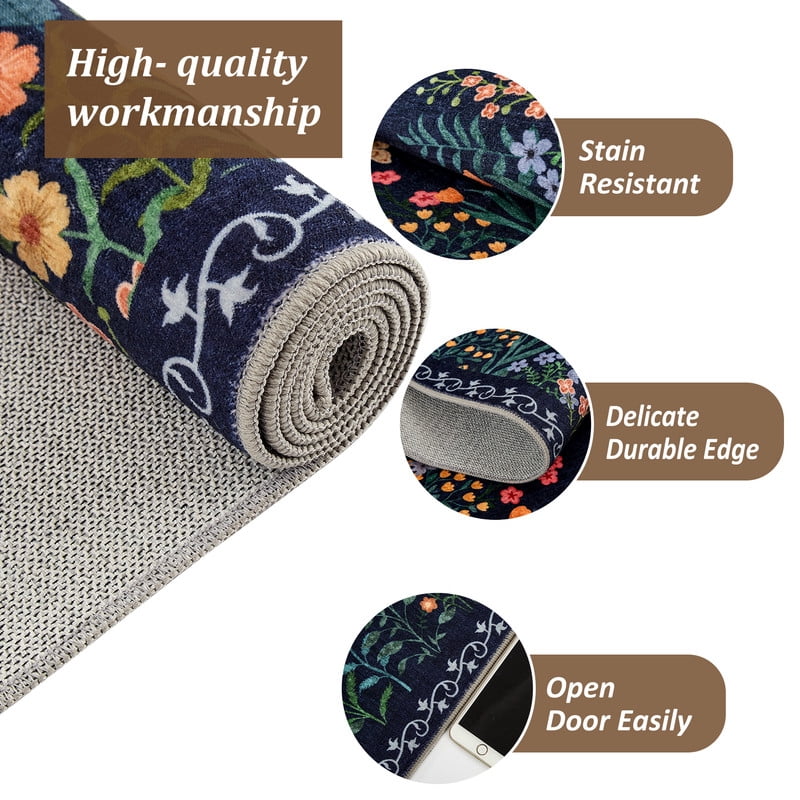 Washable 10x13 Area Rugs, Large Living Room Rug, Non-Slip Soft Floral Rugs for Bedroom, Botanical Area Rug Carpet for Dining Room Guest Room (Blue,10'x13')