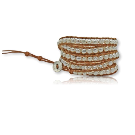 Cultured Fresh Water Pearl Beaded on Genuine Leather. Boho Style Leather Wrap Bracelet. Super Wrap Bracelet 35" Long, up to 5 Wraps-White Cultured Fresh Water Pearl and Beige Leather Wrap bracelet
