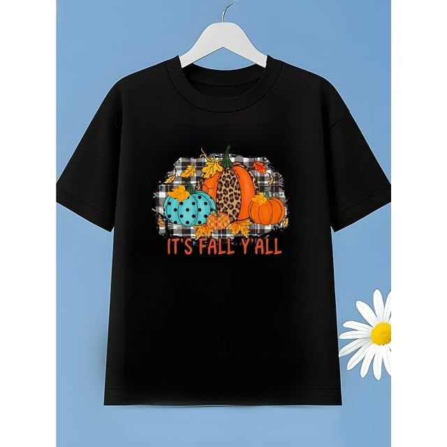 T-shirt d'Halloween - Manches Courtes Respirantes et Confortables, Col Rond, Design Vibrant sur le Thème de l'Automne avec Citrouilles, Feuilles et Texte "C'est l'Automne Tout-Petit", Parfait pour un Usage Décontracté, Sports et