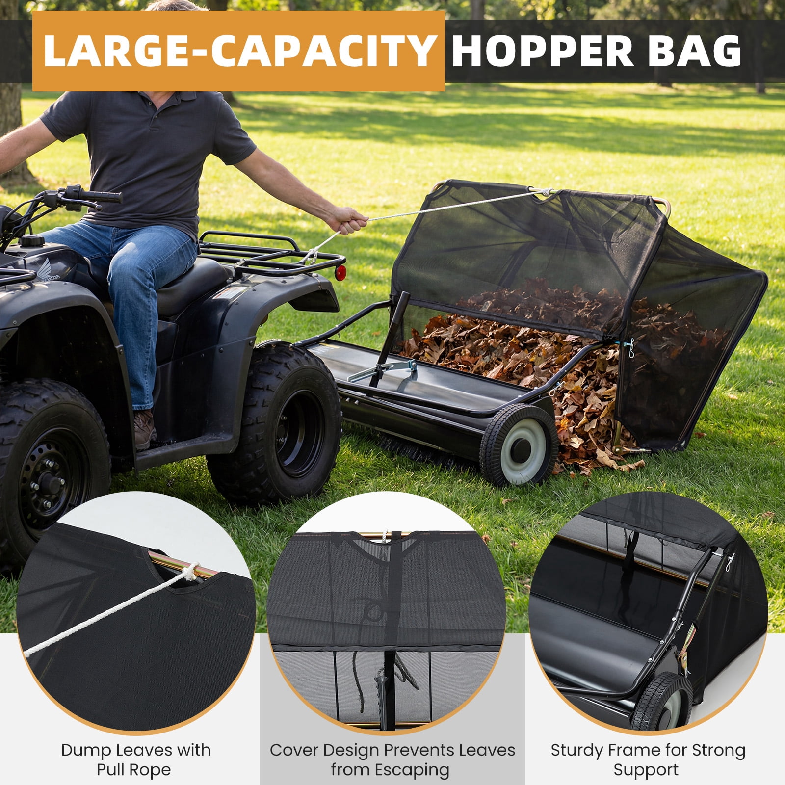 JFHID 48-Inch Tow-Behind Lawn Sweeper with16 Cu.Ft Large Hopper Pull Behind Grass & Leaf Collector for Yard