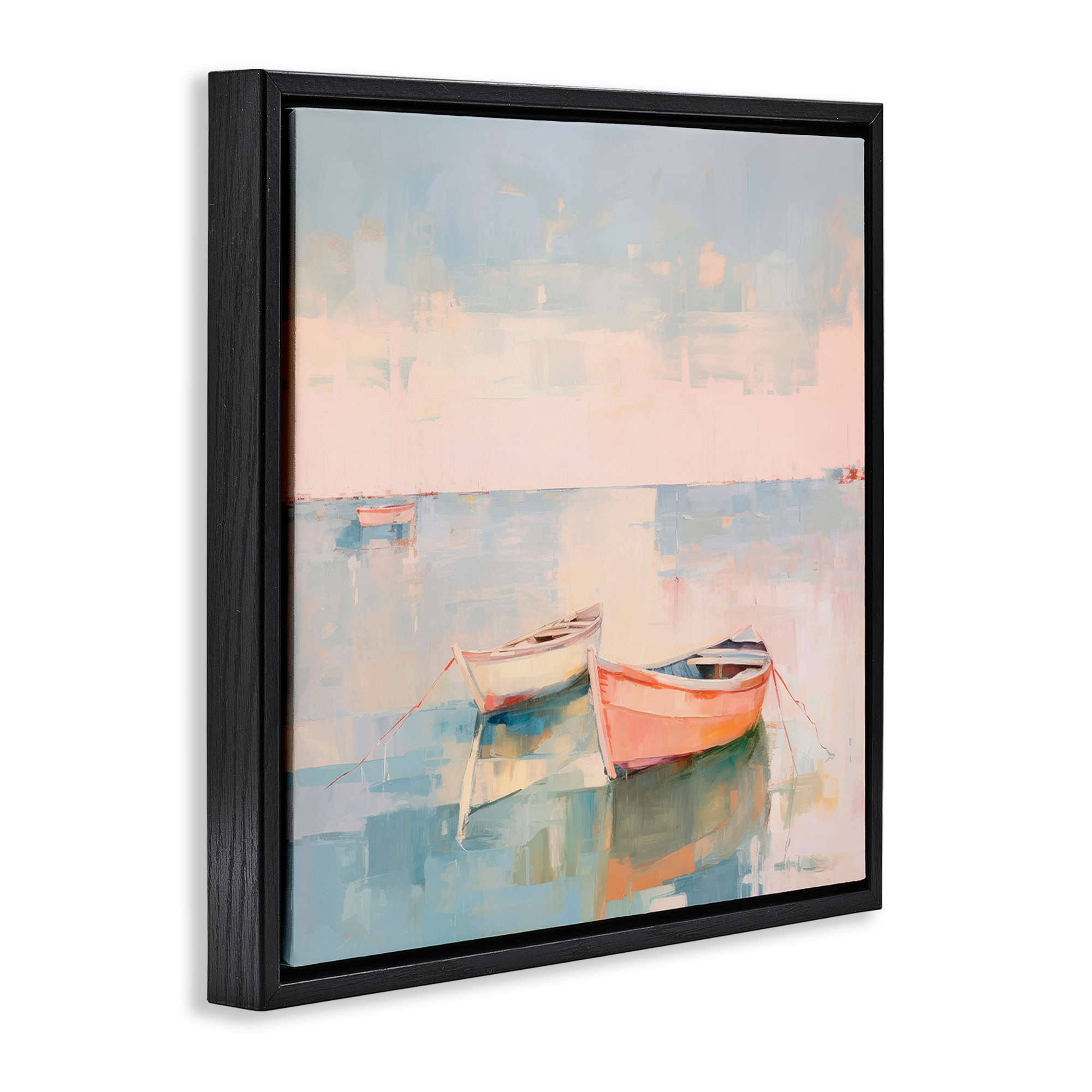Stupell Industries Pastel Docked Boats Transportation Painting Black Floater Framed Canvas Art Print Wall Art, 18 x 18