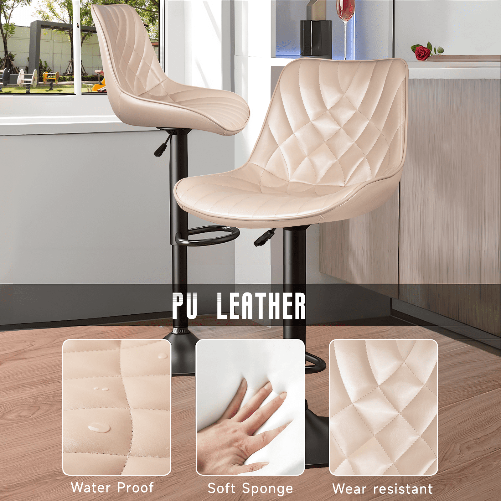 Waleaf Modern Bar Stools Set of 4, PU Leather Height Adjustable Swivel Barstools with Back