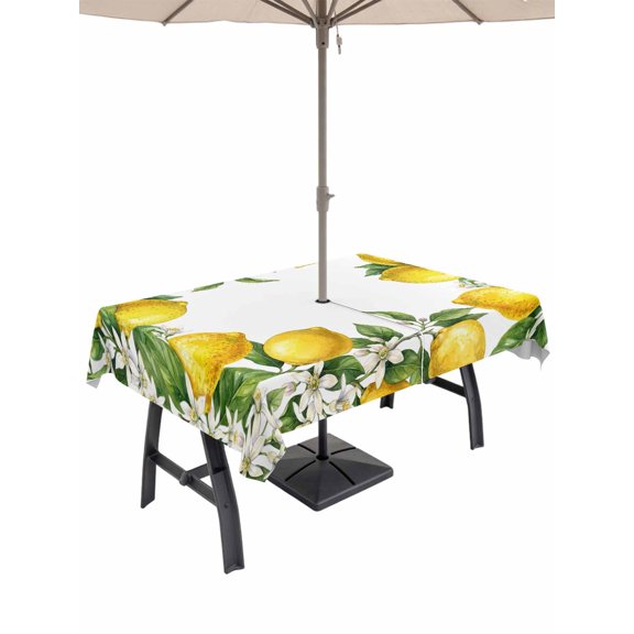 Outdoor Tablecloth with Umbrella Hole for Patio/Picnic/Party/Camping, Summer Lemons Waterproof Table Cloth Rectangle Table Cover Washable, Fruits White Flowers Farmhouse Country (52"x 70")